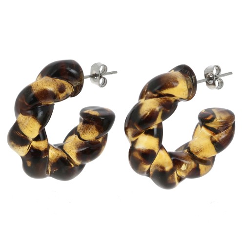 28mm Acetate Twisted Hoop Earrings - Mottled Light Brown - Brown x2