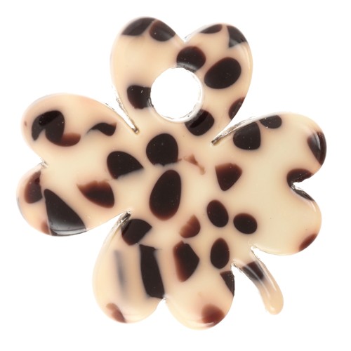 19mm acetate Clover charm - Mottled Brown - Cream x1