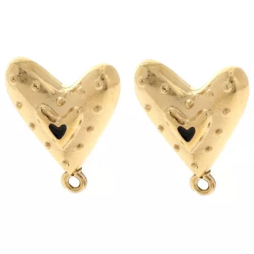 20x17mm Heart earstuds with epoxy resin - Fine gold plated - Black x2