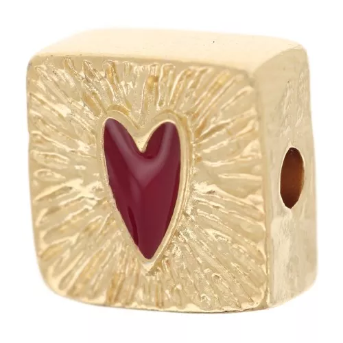 9mm square striated bead with epoxy resin heart - Fine gold plated - Red x1