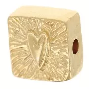 9mm square striated bead with epoxy resin heart - Fine gold plated - Red x1