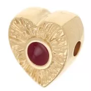 10x9mm Ribbed heart bead with epoxy resin round - Fine gold plated - Red x1