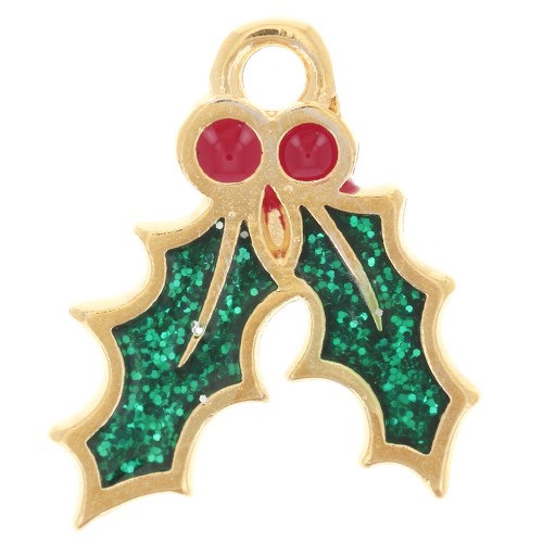 15.5x14mm Holly leaf charm epoxy resin - Fine gold plated - Glitter green x1