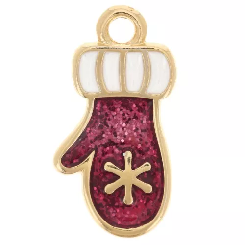 18x9mm Christmas glove charm with epoxy resin - Fine gold plated - Glitter red x1