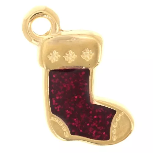 15x9mm Christmas boot charm with epoxy resin - Fine gold plated - Glitter red x1