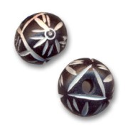 Decorated flat round beads, 14x11 mm x5