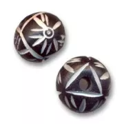 Decorated flat round beads, 14x11 mm x5