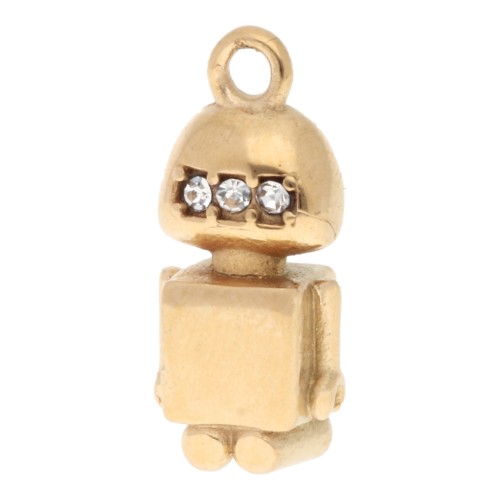 19x8mm 304L Stainless Steel Robot Charm with rhinestones - Gold - Crystal x1