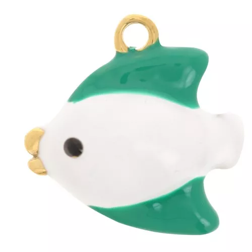 20x19mm 304L stainless steel Fish charm with epoxy resin - Gold - Green - White x1