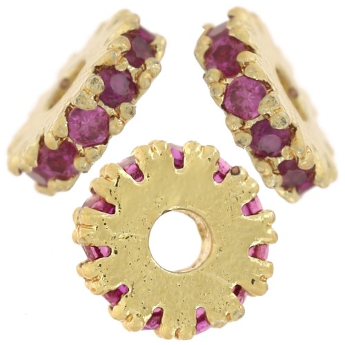 4.5mm rondelle bead with Zirconium oxides - Fine gold plated - Fuchsia x1