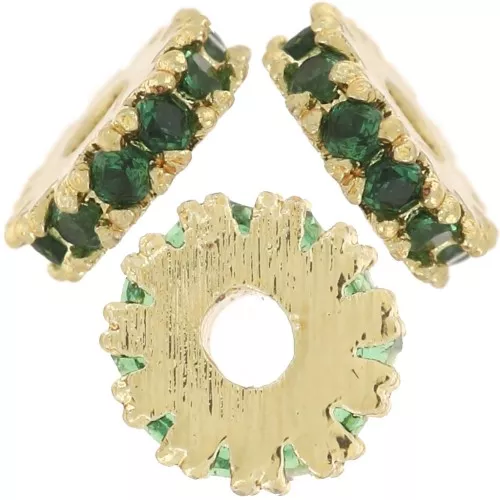 4.5mm rondelle bead with Zirconium oxides - Fine gold plated - Green x1