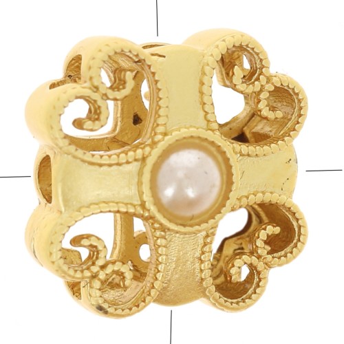 10mm square bead with openwork heart pattern and mother-of-pearl cabochon - Fine gold plated x1