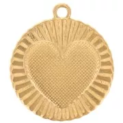 22mm Round pleated effect pendant - heart pattern - Fine gold plated x1