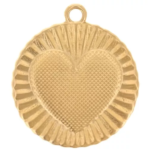 22mm Round pleated effect pendant - heart pattern - Fine gold plated x1