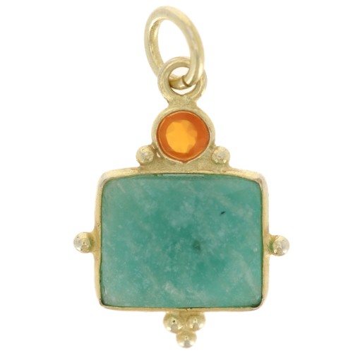 Rectangle charm 8x10 mm Amazonite and cabochon 3 mm Red Onyx - Fine gold plated