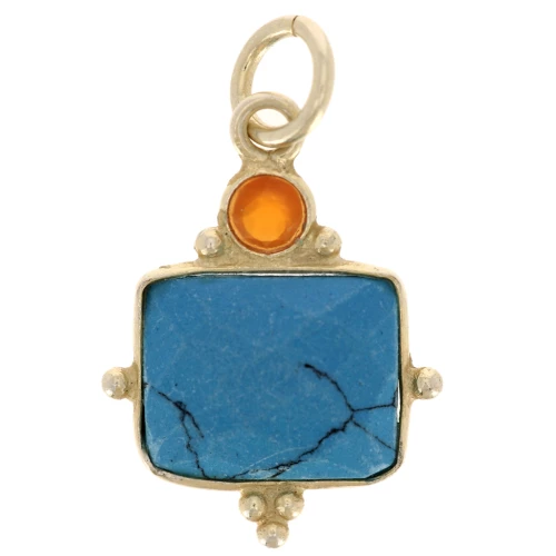Rectangle charm 8x10 mm imit Turquoise and cabochon 3mm Red Onyx - Fine gold plated