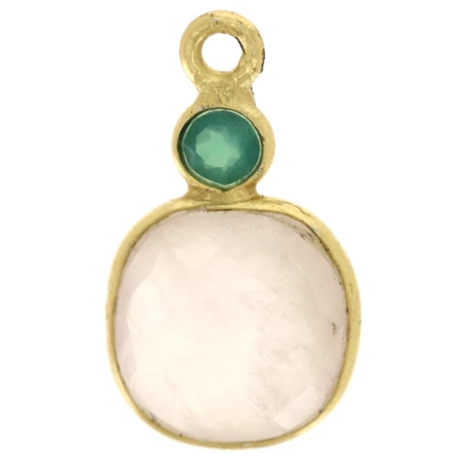 8 mm square Rose Quartz charm and 3 mm green Onyx cabochon - Fine gold plated