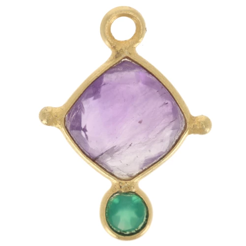 8 mm Amethyst diamond charm and 3 mm green Onyx cabochon - Fine gold plated x1
