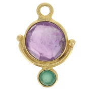 7 mm round Amethyst charm and 3 mm green Onyx cabochon - Fine gold plated x1