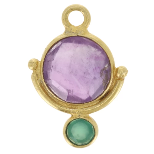 7 mm round Amethyst charm and 3 mm green Onyx cabochon - Fine gold plated x1