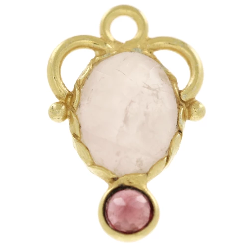 8x6 mm oval Rose Quartz charm and 3 mm Garnet cabochon - Fine gold plated x1