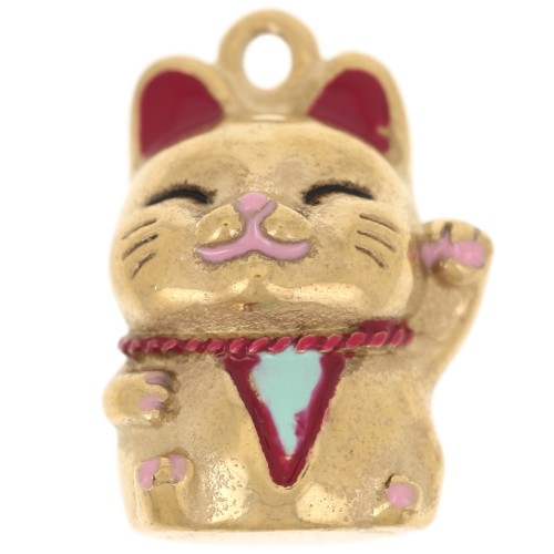 Charm cat luck Maneki Neko 18x13 mm with epoxy resin - Stainless steel 304 Gilded