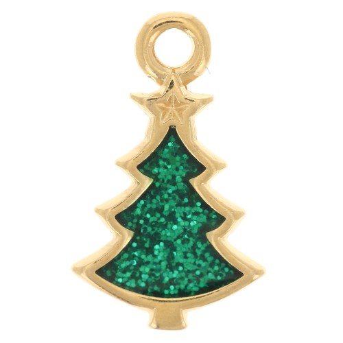 17x10mm Christmas tree charm epoxy resin - Fine gold plated - Green glitter x1