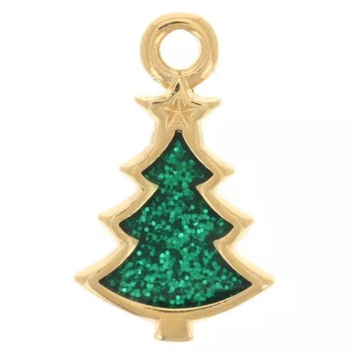 17x10mm Christmas tree charm epoxy resin - Fine gold plated - Green glitter x1
