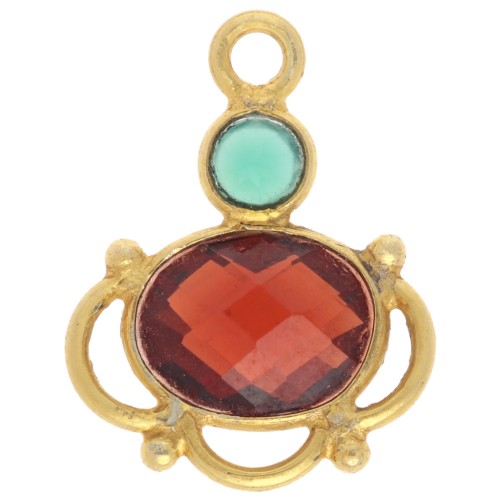 8x6 mm oval garnet charm with 3 mm green onyx cabochon - Fine gold plated x1