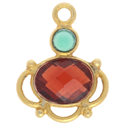 8x6 mm oval garnet charm with 3 mm green onyx cabochon - Fine gold plated x1