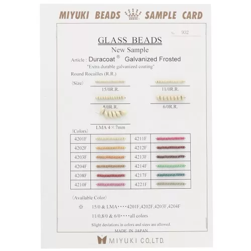 Miyuki Seed beads & Long Magatama Sample Card (n°932) Duracoat Galvanized colour chart