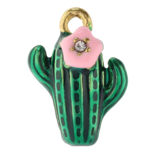 Cactus charm 14x10 mm with epoxy resin - 304 Gold stainless steel - Green - Pink x1