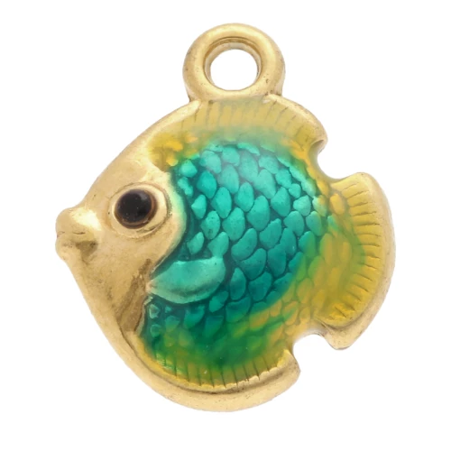 Fish charm 12.5x10 mm with epoxy resin - 304 Gold stainless steel - Green x1