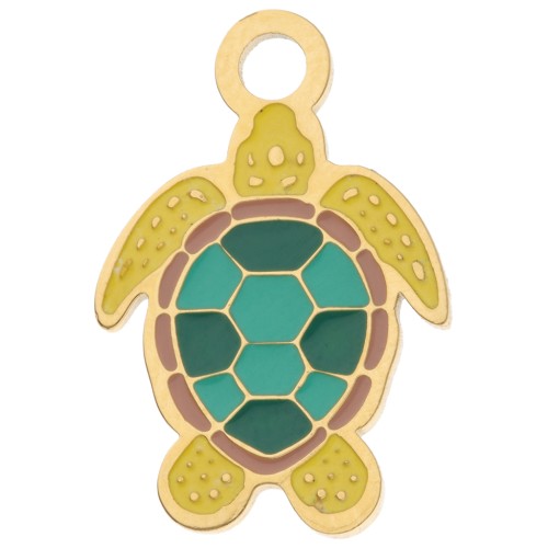 Turtle charm 19x13 mm with epoxy resin - 304 Gold stainless steel - Yellow - Green x1