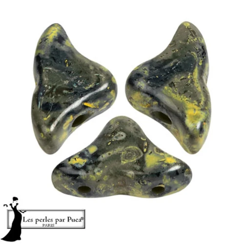 Helios® glass beads by Puca® 6x10mm - Black Stony Beige Yellow x10g