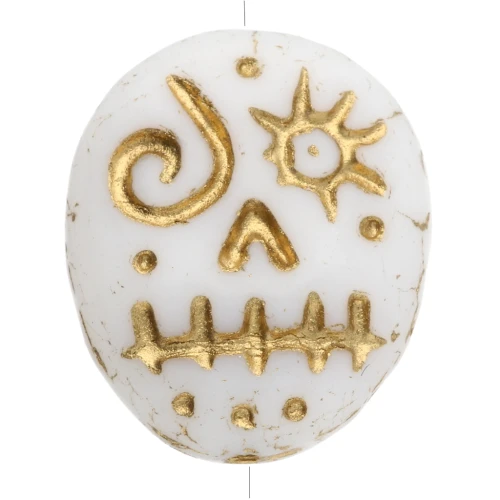 Glass beads Woodoo Funny Face 16x14 mm - White - Gold x5