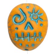 Glass beads Woodoo Funny Face 16x14 mm - Tangerine - Blue x5