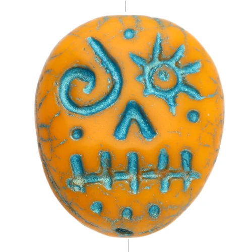 Glass beads Woodoo Funny Face 16x14 mm - Tangerine - Blue x5