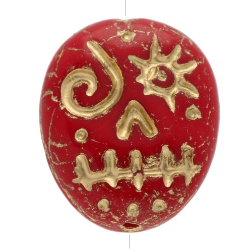 Glass beads Woodoo Funny Face 16x14 mm - Red - Gold x5