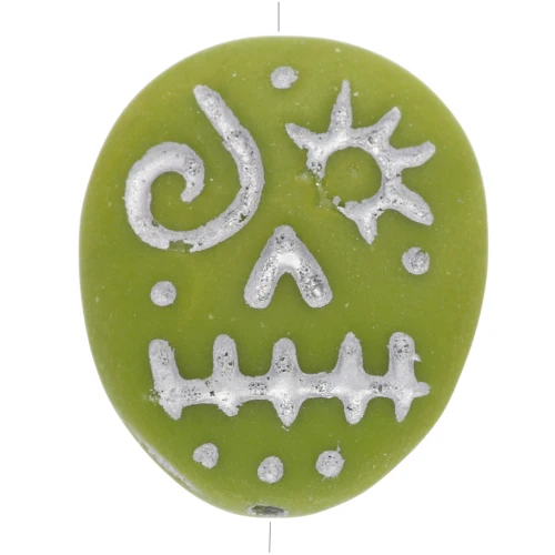 Glass beads Woodoo Funny Face 16x14 mm - Olive - Silver x5