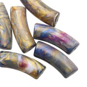 Curved tube beads 29x10 mm in opaque resin - Multicolored marbled - Gold x1