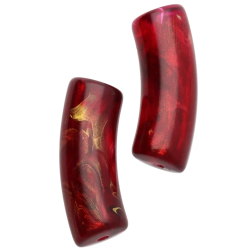 Curved tube beads 29x10 mm in transparent resin - Red - Marbled gold x1