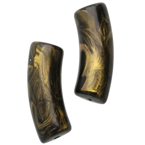 Curved tube beads 29x10 mm in opaque resin - Black - Marbled gold x1