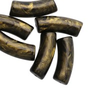 Curved tube beads 29x10 mm in opaque resin - Black - Marbled gold x1