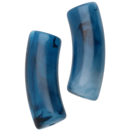 Curved tube beads 29x10 mm in translucent resin - Blue - White marbled x1