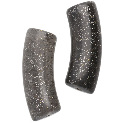 Curved tube beads 29x10 mm in transparent resin - Dark grey glitter x1