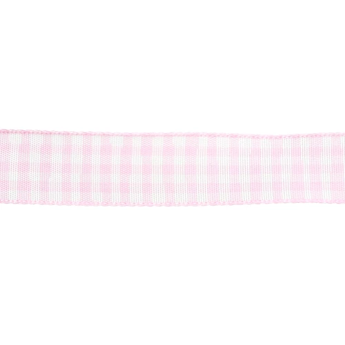 Mokuba gingham ribbon 14 mm - Light pink - White x50cm