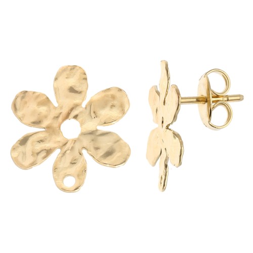 Hammered flower earstuds 16x14.5 mm - Fine gold plated x2