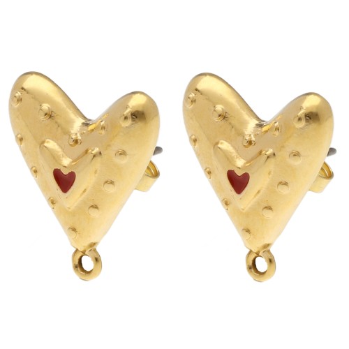 Heart-shaped earstuds 20x17 mm with epoxy resin - Fine gold plated - Red x2