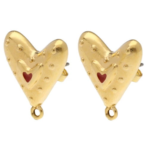 Heart-shaped earstuds 20x17 mm with epoxy resin - Fine gold plated - Red x2